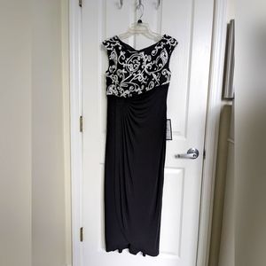 Evening Gown, Full Length, Black with White Embroidery